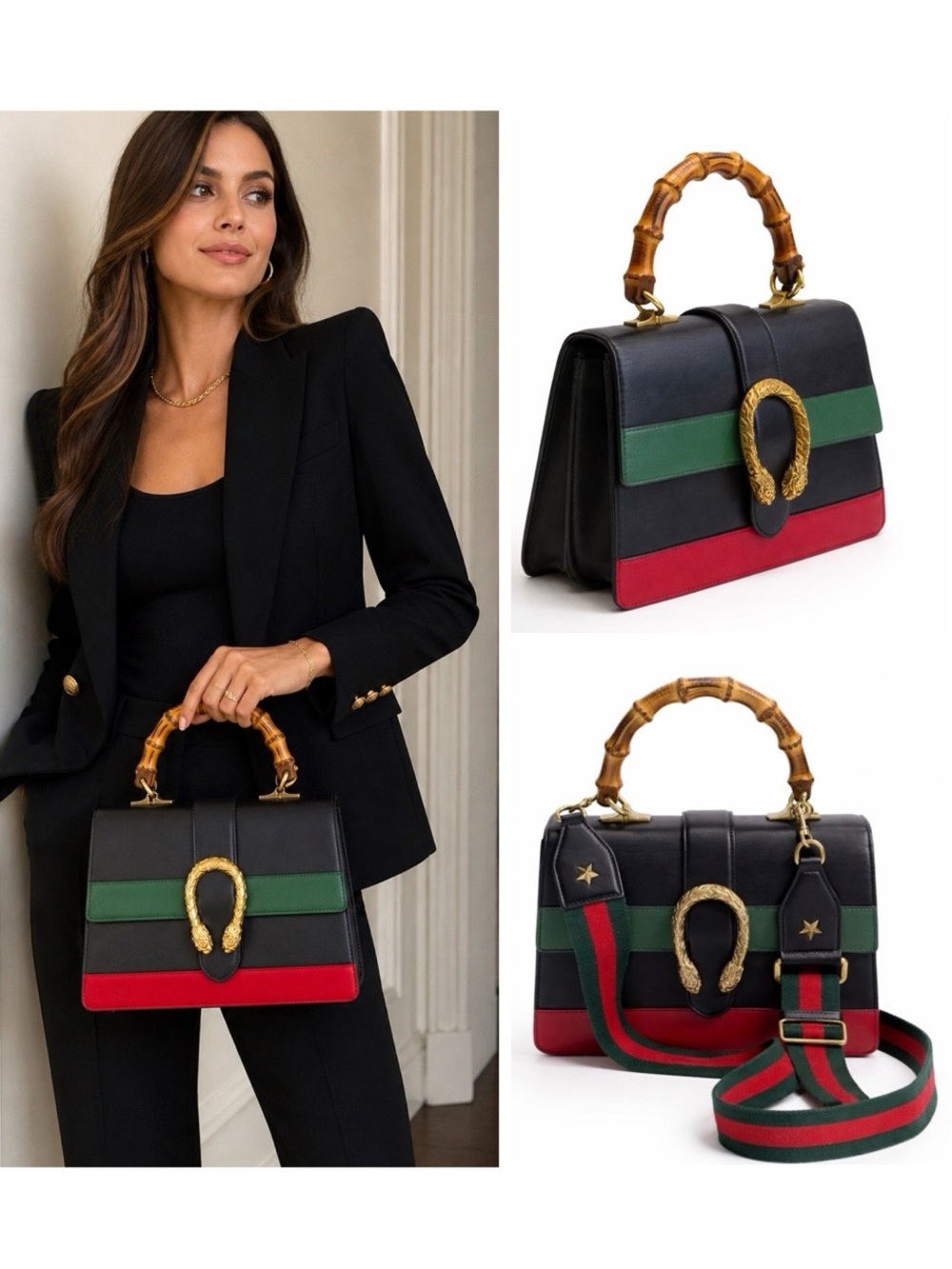 Gucci Dionysus Bamboo Top Handle Bag – Black Leather with Web Stripe Strap